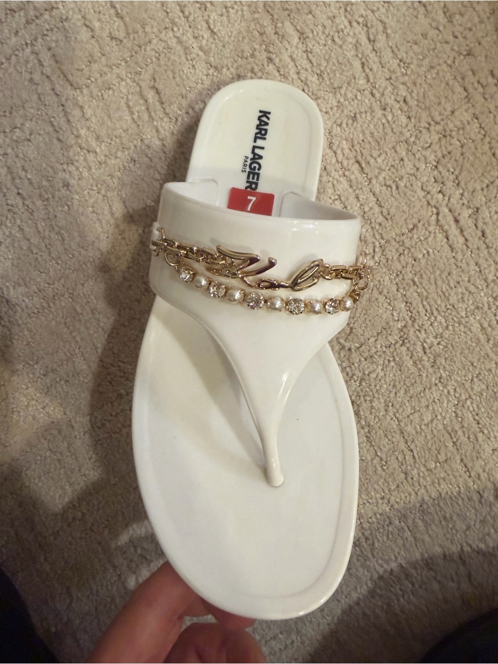 Karl Lagerfeld White Thong Sandal with Gold Chain & Crystal Trim